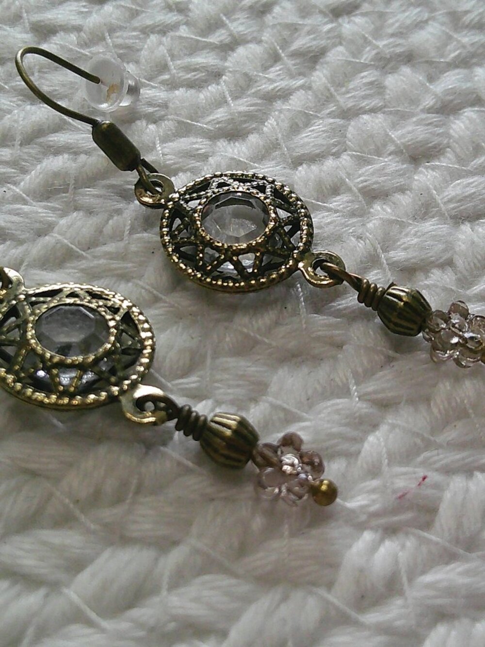 Vintage CRYSTAL Handmade Filigree Antique Bronze Dangle Earrings #854E